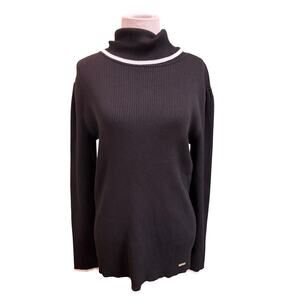 Calvin Klein Fold Over Turtleneck Sweater Ribbed Black & White Women's size M